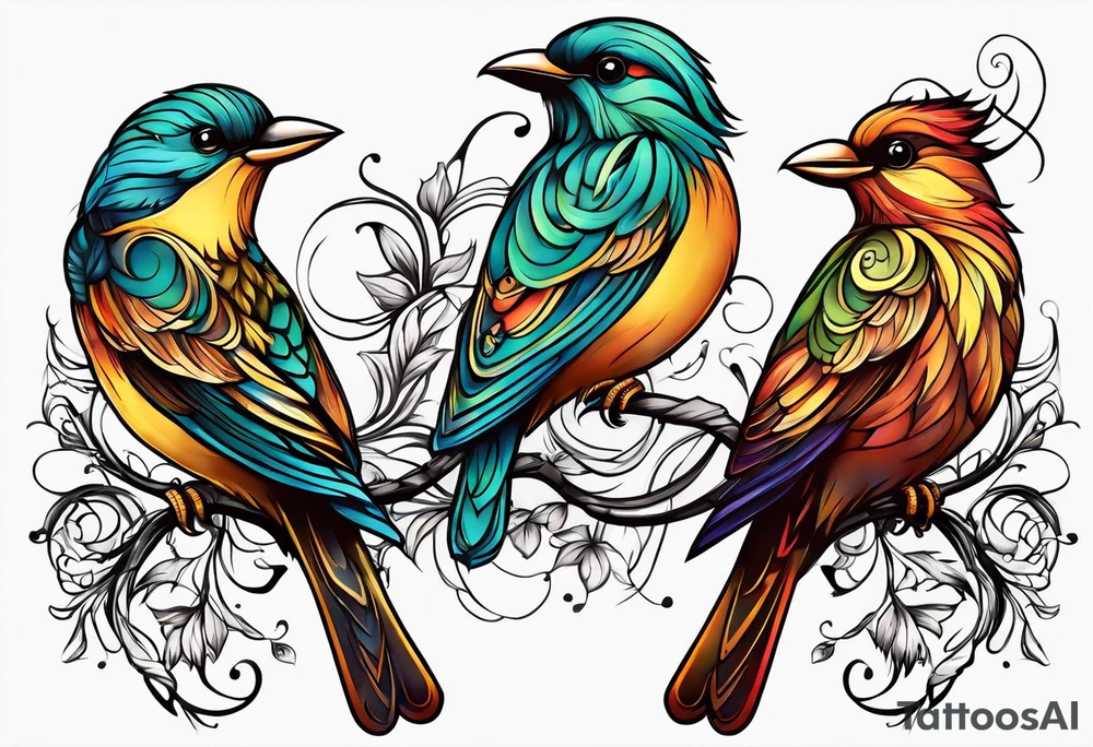 Whimsical birds and vines tattoo idea