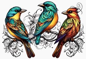 Whimsical birds and vines tattoo idea