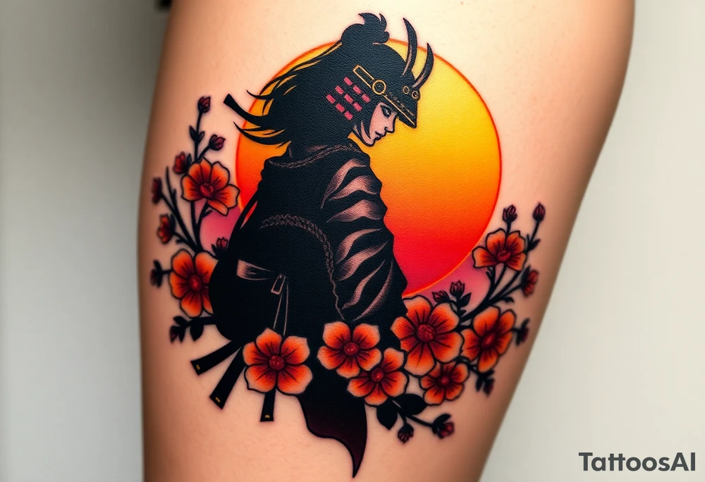 noble female samurai warrior silhouette at sunset with flowers, yellows and reds tattoo idea