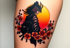 noble female samurai warrior silhouette at sunset with flowers, yellows and reds tattoo idea