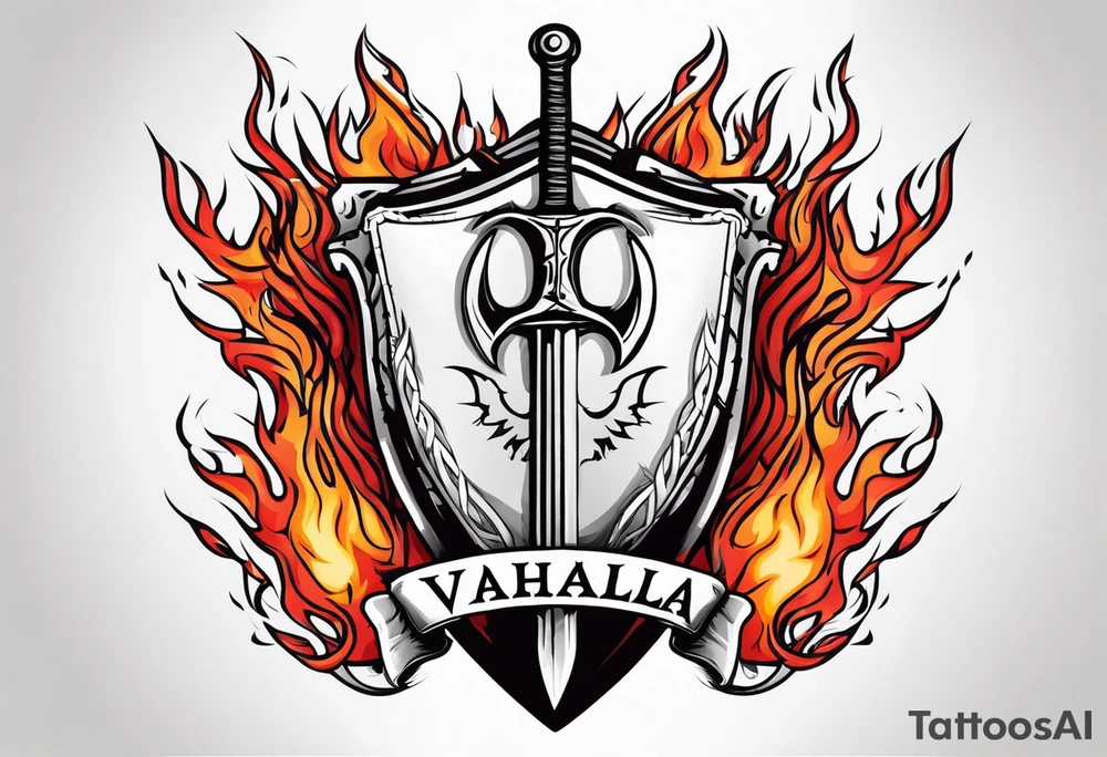 Valhalla on fire 
flames sword shield barbed  wire tattoo idea
