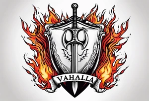 Valhalla on fire 
flames sword shield barbed  wire tattoo idea