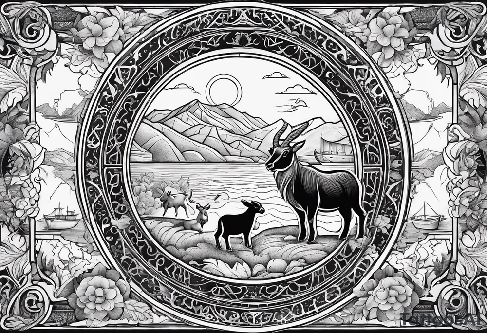 Noah's ark with a badger, a goat and a reindeer inside the outlines of Map of Mallorca behind tattoo idea