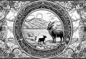 Noah's ark with a badger, a goat and a reindeer inside the outlines of Map of Mallorca behind tattoo idea
