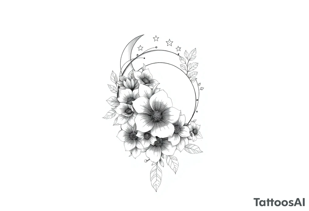 Flower sleeve surrounded by moon and star design for arm tattoo idea
