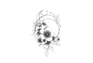Flower sleeve surrounded by moon and star design for arm tattoo idea