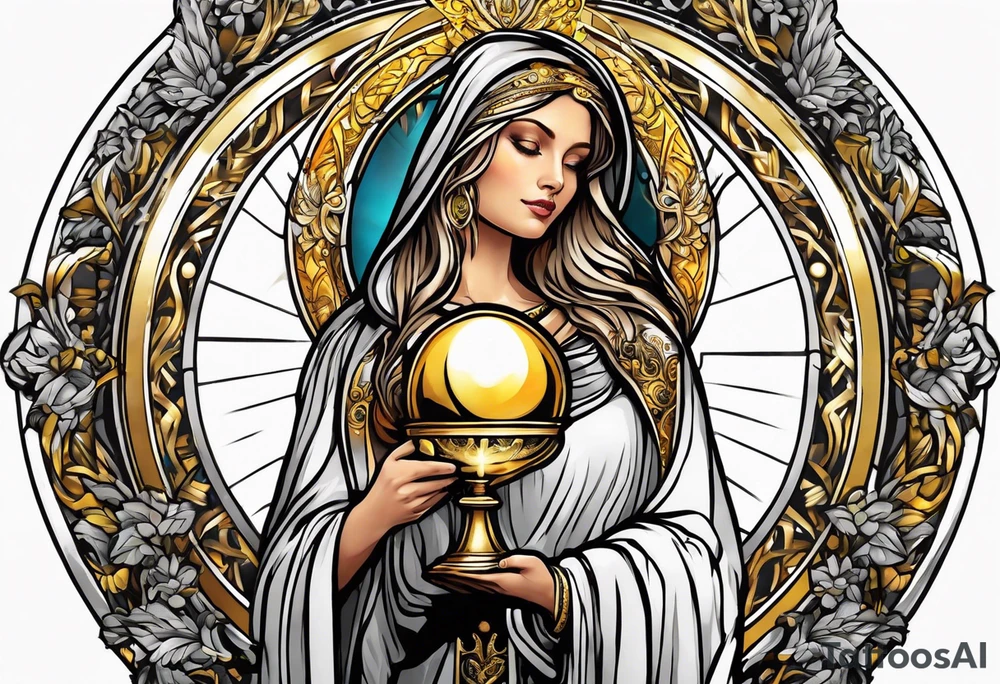 woman saint holding chalice surrounded by golden halo sideways tattoo idea