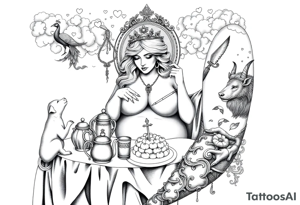 naked fat lady having a tea party with tea pots and 
with a pig, peacock, noose, lion, goat, smoking cigerettes looking in the mirror having sex with a man eating a cake thru storm clouds with knife and broken hearts and darkness tattoo idea