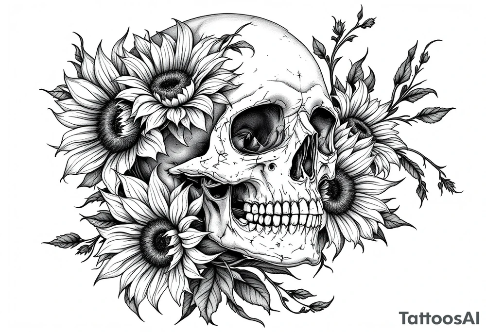 ornate skull adorned with wild roses and sunflowers tattoo idea
