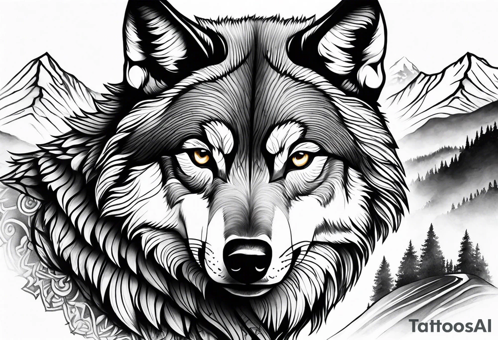 Mountains, wolf eyes underneath tattoo idea