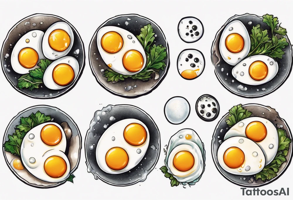 A round, thin 5 fried eggs with salt pepper and a bit greens tattoo idea