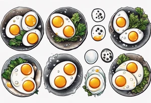 A round, thin 5 fried eggs with salt pepper and a bit greens tattoo idea