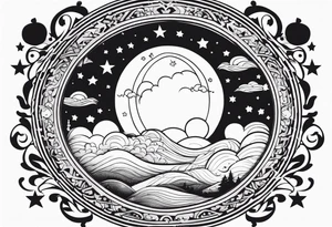 circle vignette frame surrounded by stars clouds tattoo idea