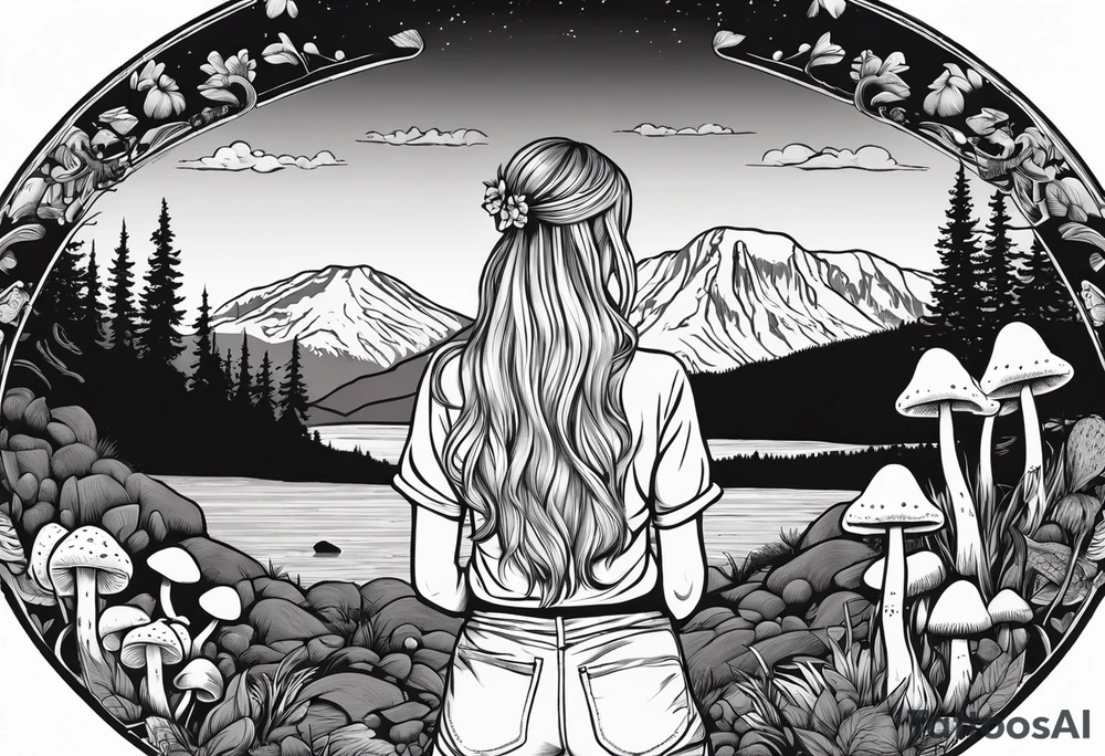 Whole picture encircled fully

Straight long blonde hair hippie girl in distance holding mushrooms in hand facing away toward mountains and creek surrounded by mushrooms long sleeve shirt and hiking pants; whole rendering within a full circle, no cut off circle tattoo idea
