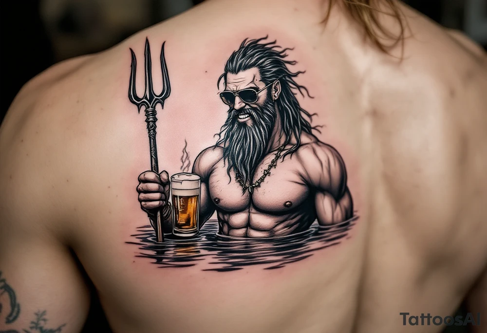 smiling, fit poseidon, with a trident, in calm water, holding a beer, with sunglasses tattoo idea
