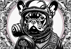 casque pompier, bouledogue français date et heure de naissance, rose, moto,  sur le bras complet tattoo idea