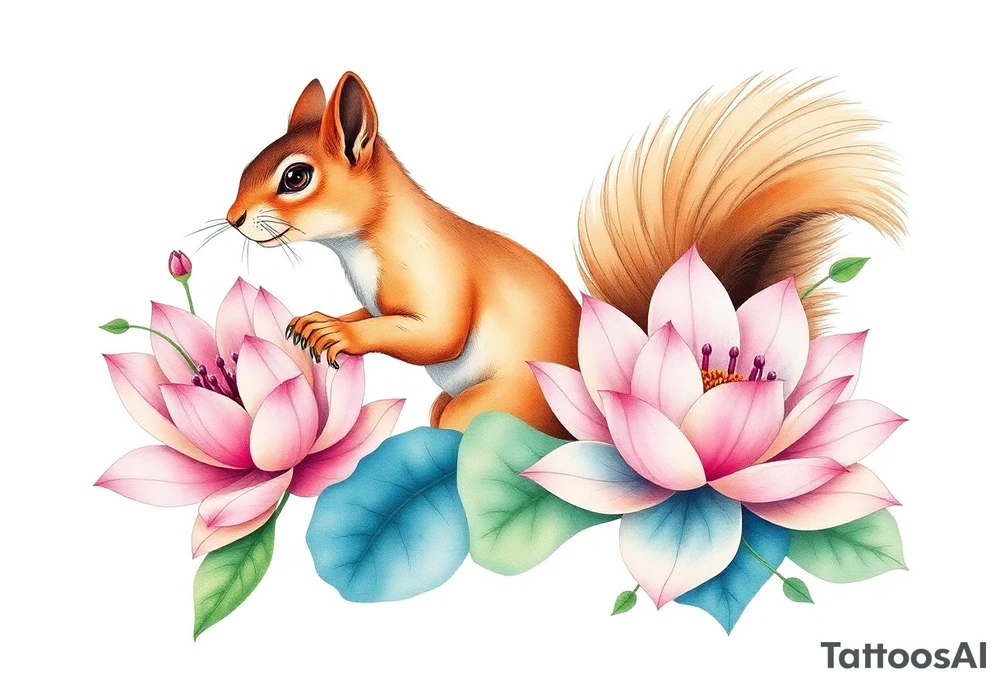 Fierce squirrel blooming lotus flowers tattoo idea