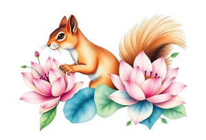 Fierce squirrel blooming lotus flowers tattoo idea
