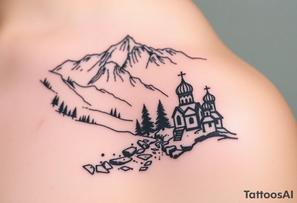 Mountainous valley with creek and a few trees with a Russian orthodox kazan scene tattoo idea
