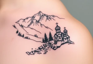 Mountainous valley with creek and a few trees with a Russian orthodox kazan scene tattoo idea