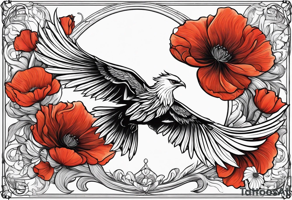elongated phoenix in flight 
in profile long tail with claws holding poppies falling tattoo idea