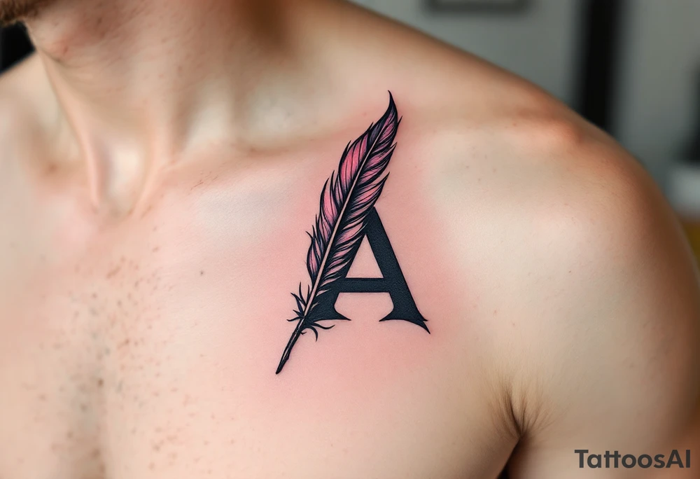 A feathered quill forming the letter "A" in dusty rose and ink black. tattoo idea