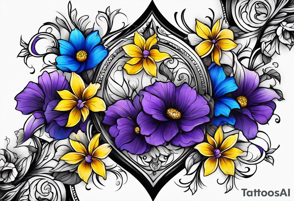 A cross with purple, yellow and blue flowers arm sleeve tattoo idea