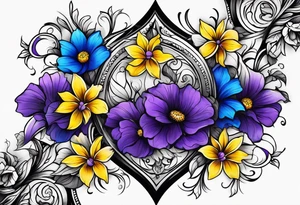 A cross with purple, yellow and blue flowers arm sleeve tattoo idea