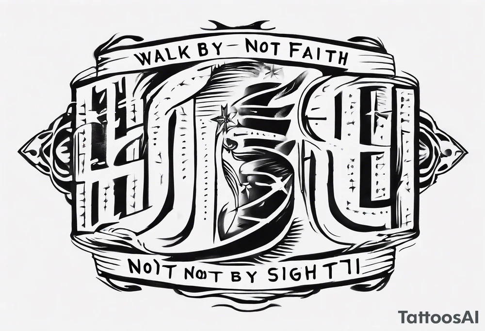 Horizontal inner bicep tattoo. “walk by faith, not by sight” stairwell wrapping around the quote. This design captures the essence of the journey guided by faith. tattoo idea