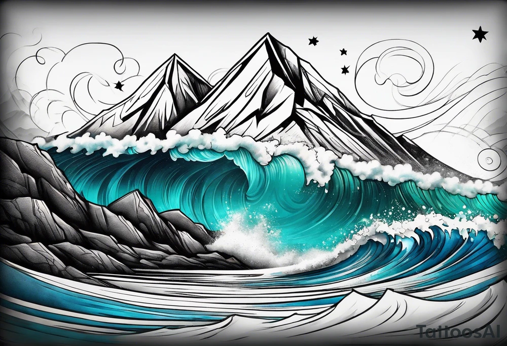 Mountain Peak, waves, two littel coloured stars tattoo idea
