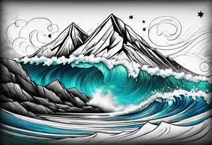 Mountain Peak, waves, two littel coloured stars tattoo idea