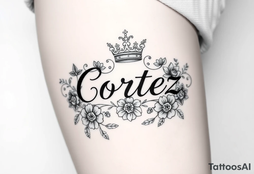 The name Cortez surrounded by floral design and a crown tattoo idea