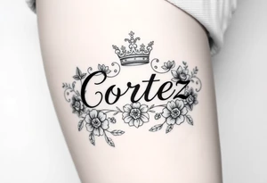 The name Cortez surrounded by floral design and a crown tattoo idea