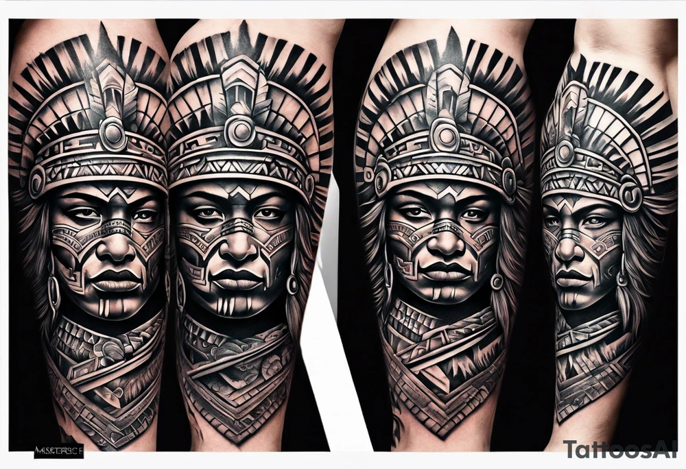 Leg sleeve of Aztec warrior tattoo idea