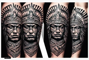 Leg sleeve of Aztec warrior tattoo idea