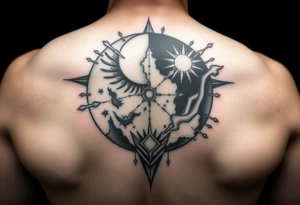 cover up tattoo inspired by the space and time that covers the upper portion of the back that is hyper realstic tattoo idea