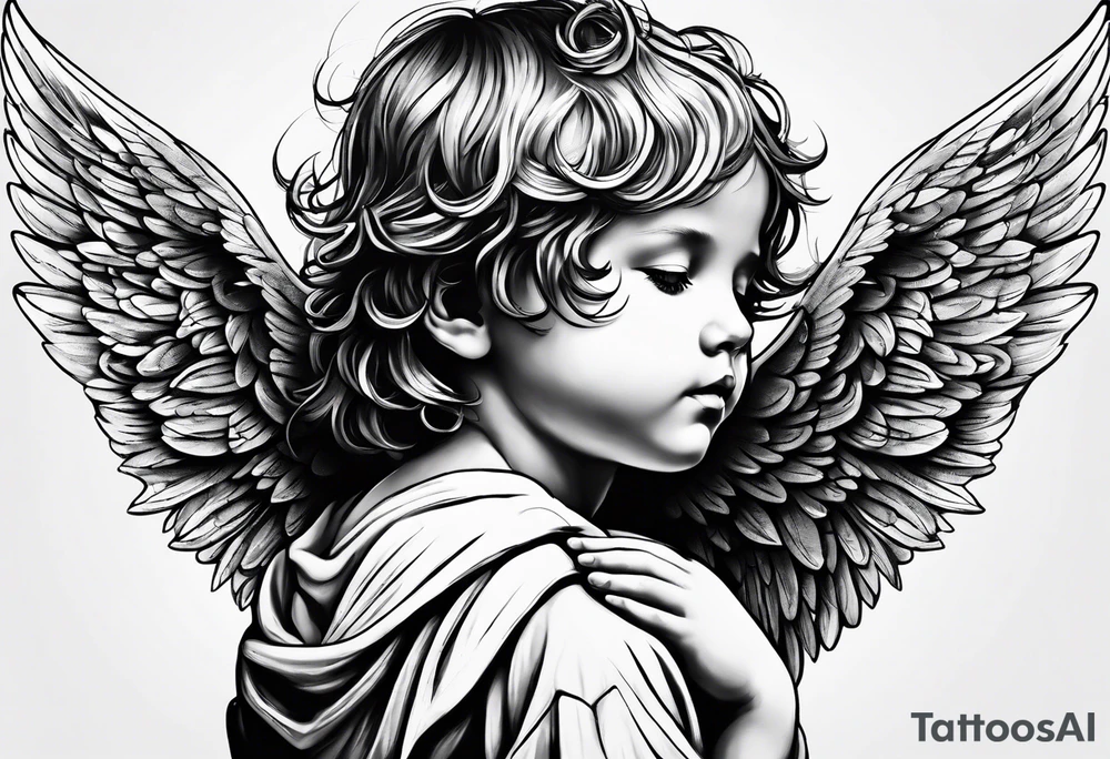 Angel covering a kid with holes in its wings and teardrops coming out of the angel tattoo idea