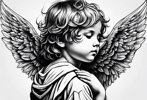 Angel covering a kid with holes in its wings and teardrops coming out of the angel tattoo idea