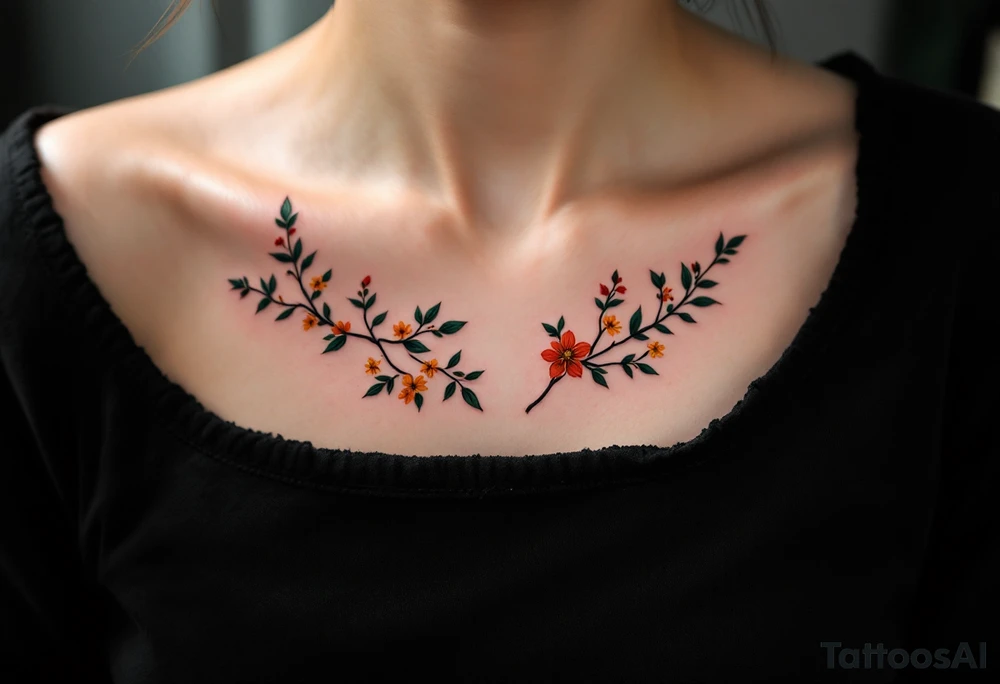 Two separate collarbone tattoos of long, stems and branches covered with red, orange, yellow and dark forest green leaves and flowers, academia, witchy, muted, delicate and gentle but moody, following the collarbone. More muted, not so bright, darker colors. Fewer amount of leaves, larger leaves. Less flowers and leaves. tattoo idea