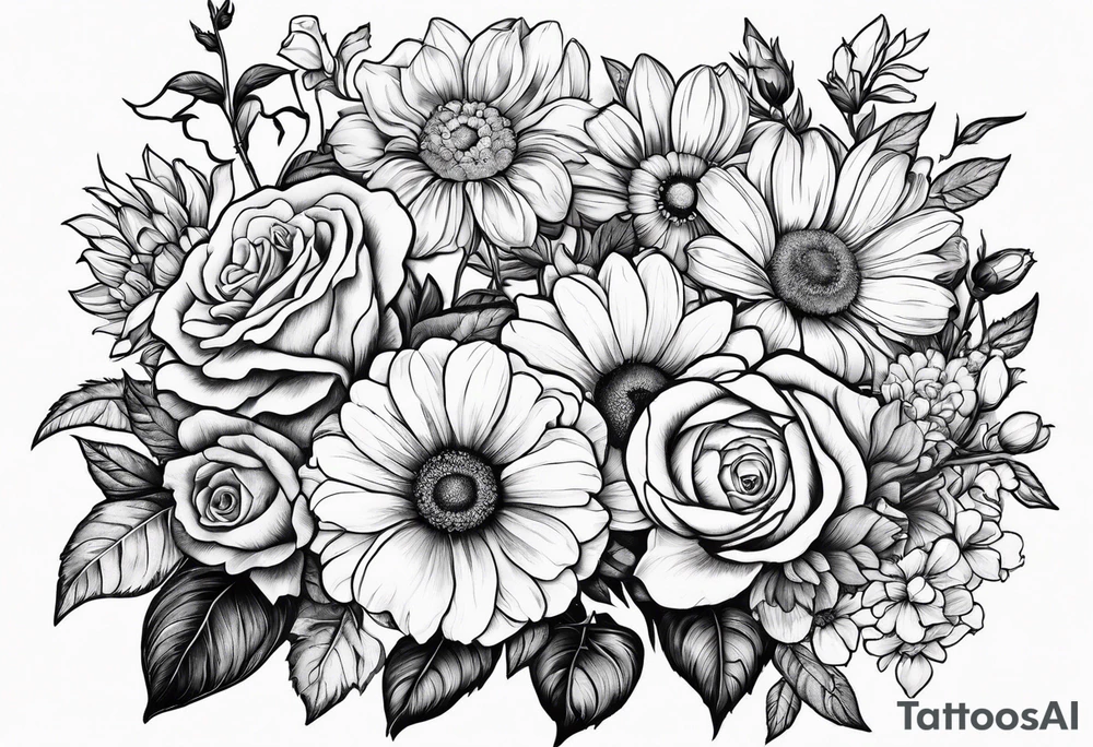 Roses, marigolds, cosmos, daisies, sweet peas and sunflowers tattoo idea