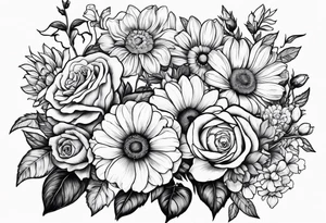 Roses, marigolds, cosmos, daisies, sweet peas and sunflowers tattoo idea