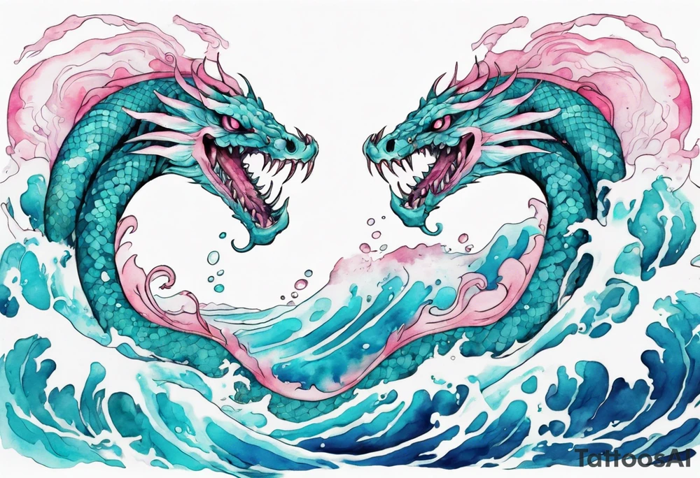 a turquoise and white and pink sea serpent with beautiful eyes rising from the blue waves of the ocean tattoo idea