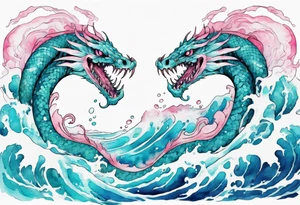 a turquoise and white and pink sea serpent with beautiful eyes rising from the blue waves of the ocean tattoo idea