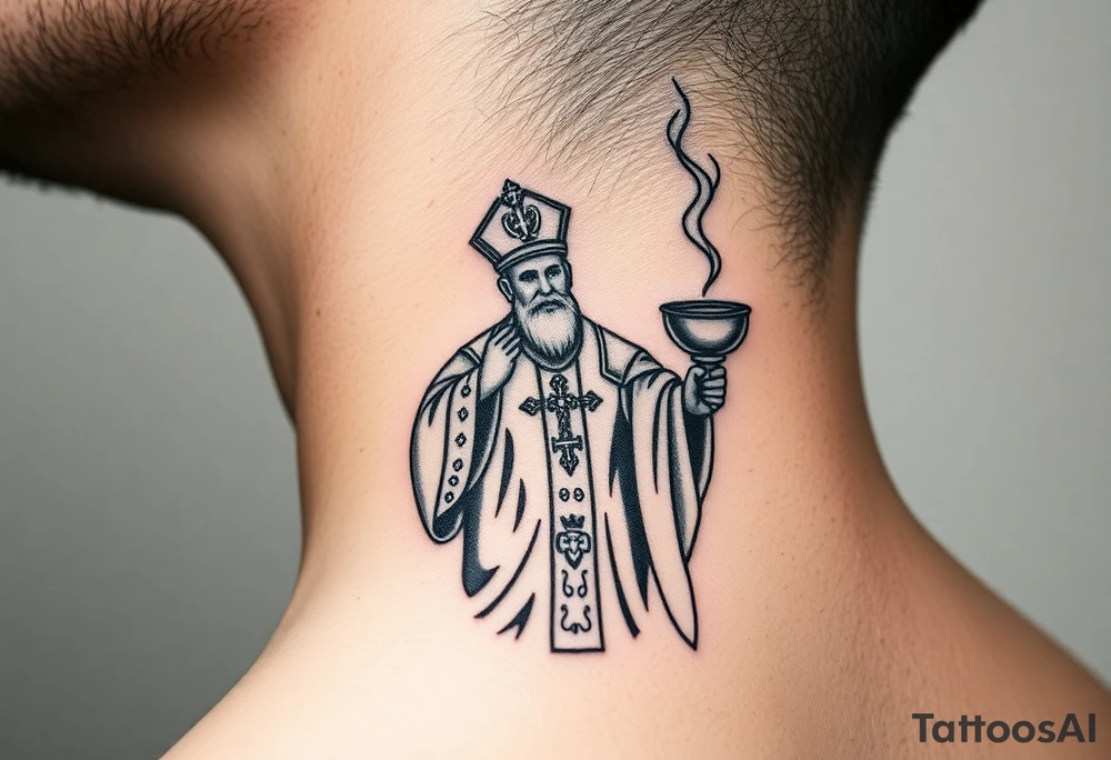 Russian Orthodox Priest in a fully detailed gold vestment swinging a censer with smoke curling upward tattoo idea
