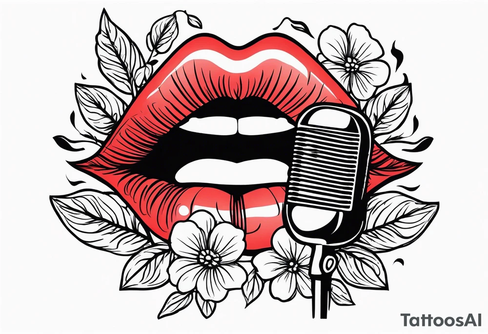 lips singing old school vintage traditional
flowers around and mouth next to microphone tattoo idea