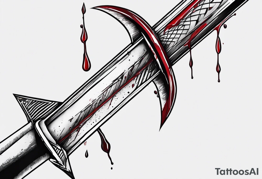 an arrow with only one drip of blood on the tip of it simple line art tattoo idea