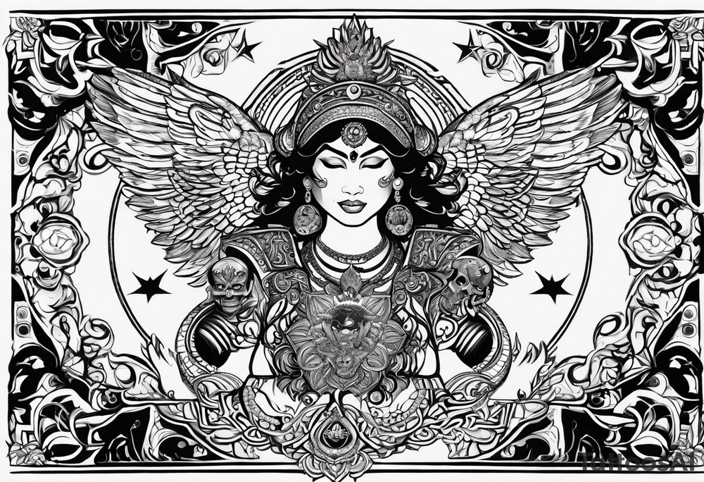 black kali, goddess pirate, alien, angel, pachamama, valkrye, warrior, flying, skull, lotus azul, wing, eagle, zenza resonance, stars, 5D, anahata chakra, death, durga, riding on a tiger, flying lady tattoo idea