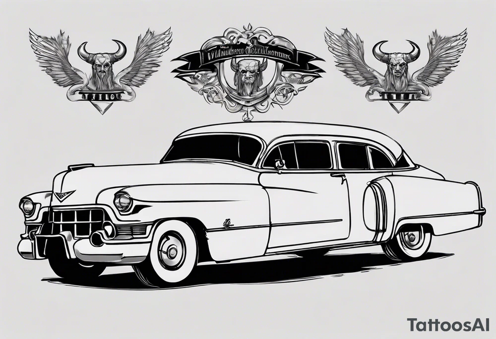 I want a tattoo of an old Cadillac car with the name “Viking Customs” incorporated in the design tattoo idea