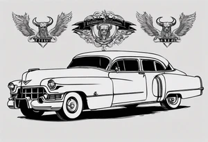 I want a tattoo of an old Cadillac car with the name “Viking Customs” incorporated in the design tattoo idea