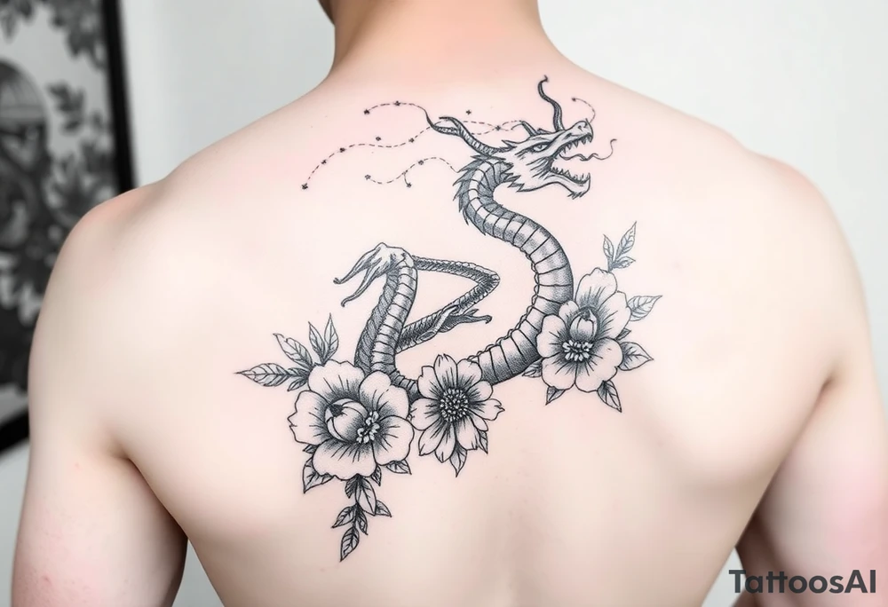 femanine dragon surrounded by floral tattoo idea